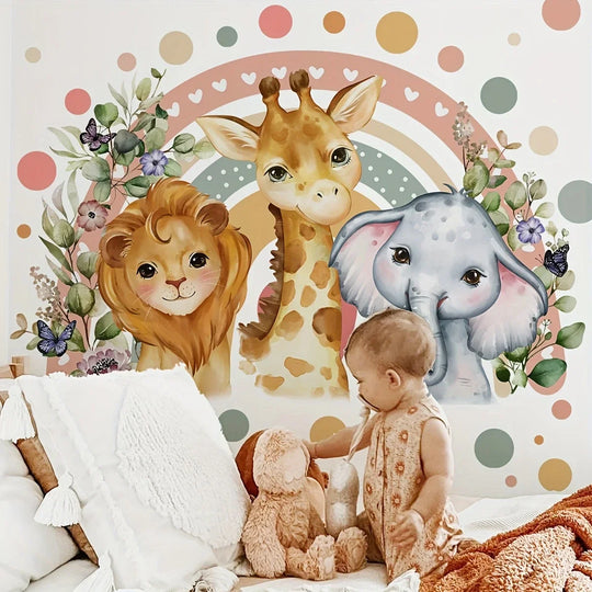 Cartoon Rainbow Safari Animal Wall Decals For Kids Room