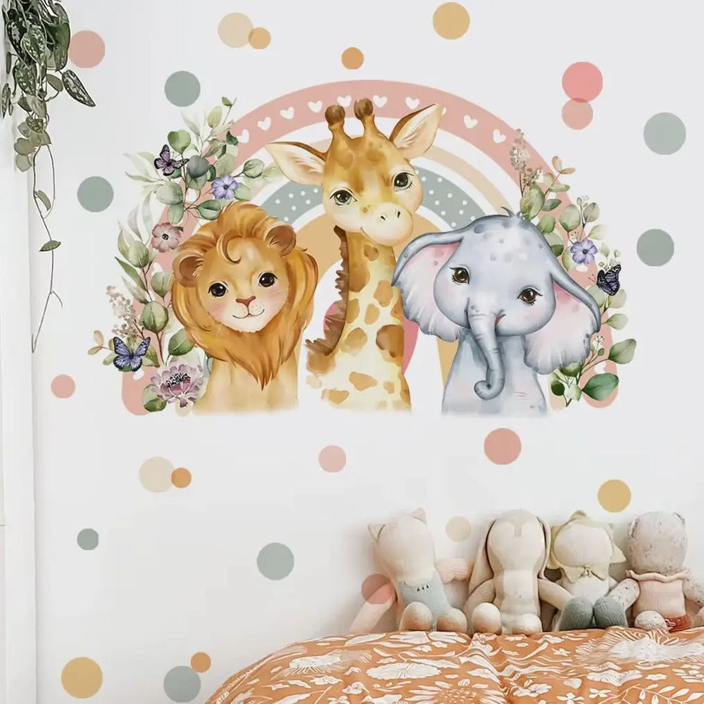 Cartoon Rainbow Safari Animal Wall Decals For Kids Room