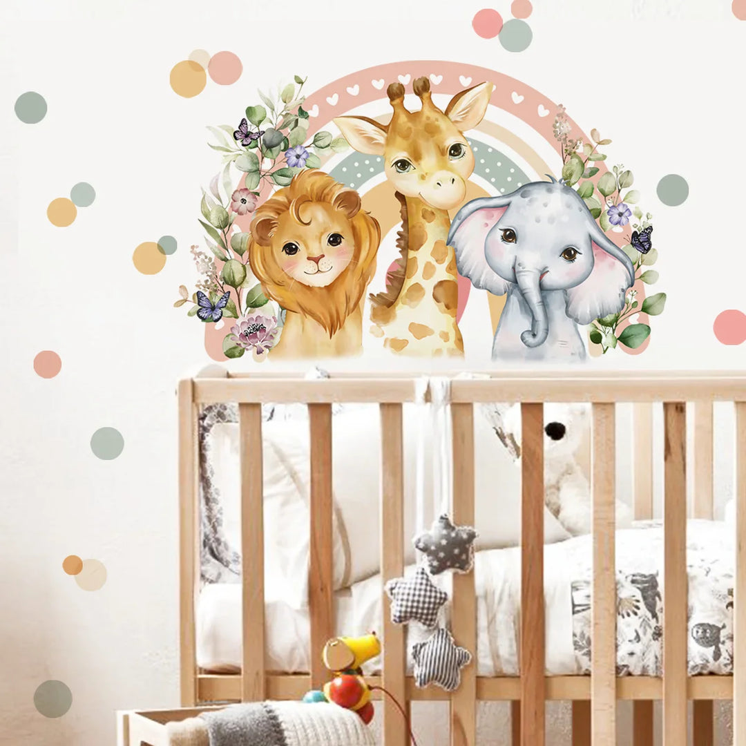 Cartoon Rainbow Safari Animal Wall Decals For Kids Room