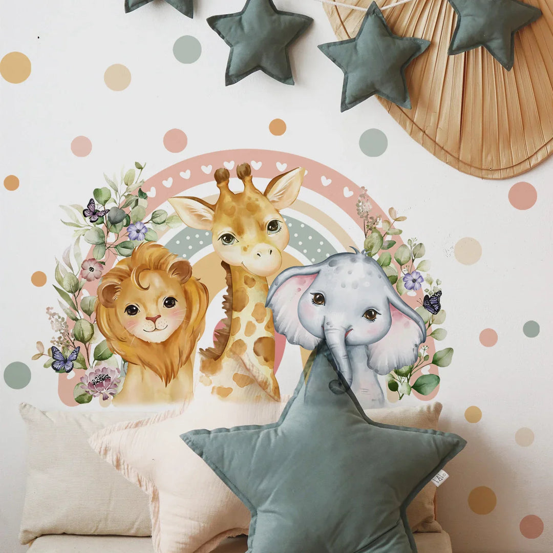 Cartoon Rainbow Safari Animal Wall Decals For Kids Room