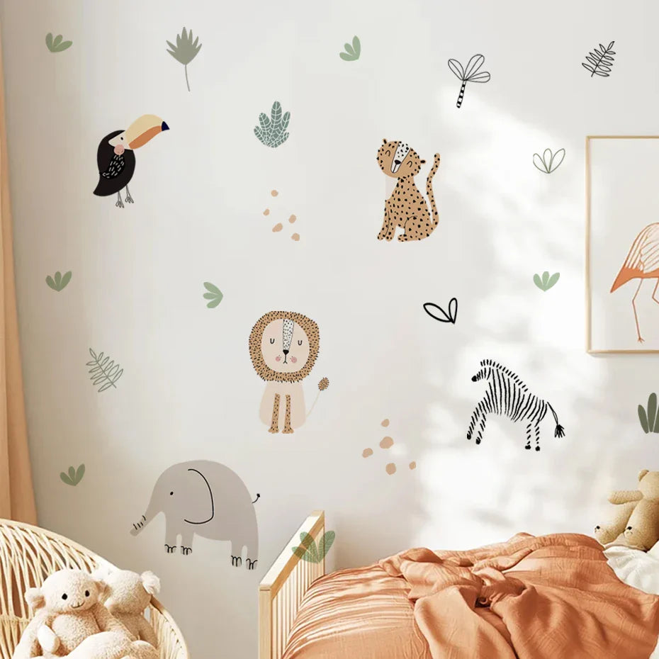 Cartoon Safari Animal Wall Decals For Kids Room Decor