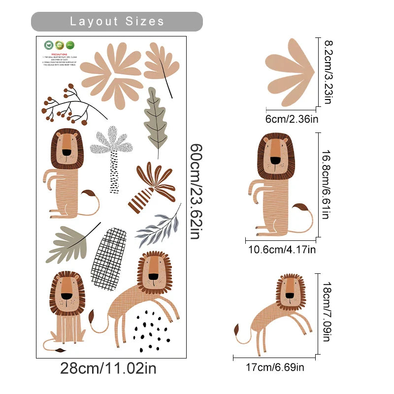 Cartoon Safari Animal Wall Decals For Kids Room Decor