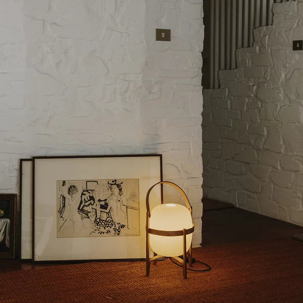Standing Frame Table Lamp with Wooden Finish and White Glass Shade