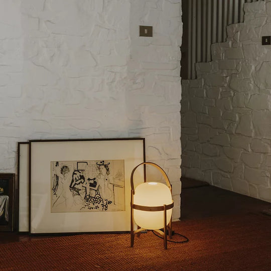 Standing Frame Table Lamp with Wooden Finish and White Glass Shade