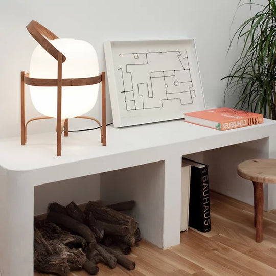 Standing Frame Table Lamp with Wooden Finish and White Glass Shade