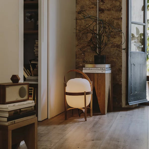 Standing Frame Table Lamp with Wooden Finish and White Glass Shade