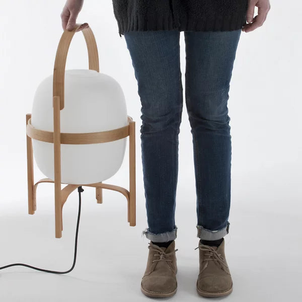 Standing Frame Table Lamp with Wooden Finish and White Glass Shade