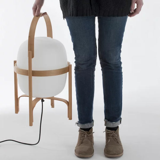 Standing Frame Table Lamp with Wooden Finish and White Glass Shade