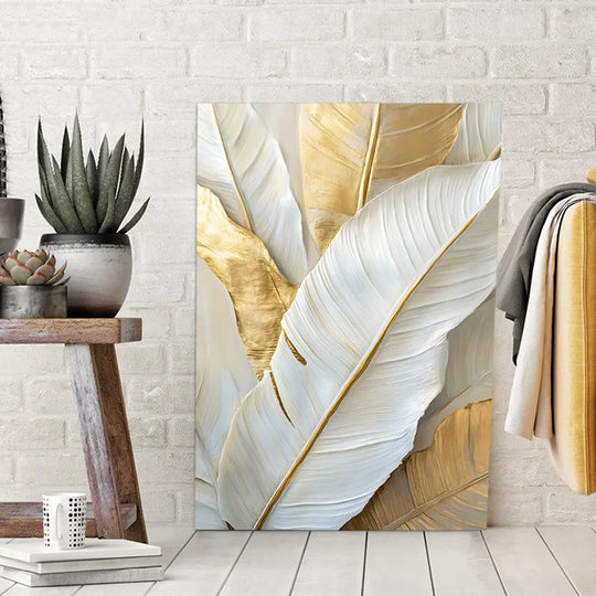 Chic Abstract White Golden Feathers Canvas Wall Art