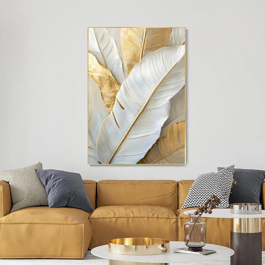 Chic Abstract White Golden Feathers Canvas Wall Art