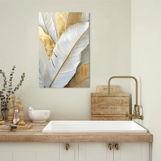 Chic Abstract White Golden Feathers Canvas Wall Art