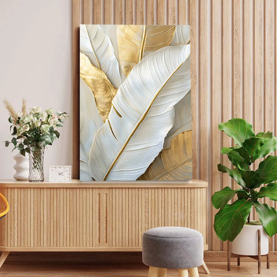 Chic Abstract White Golden Feathers Canvas Wall Art