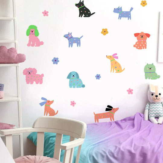 Cute Colorful Puppy Dogs And Flowers Wall Decals For Kids Room