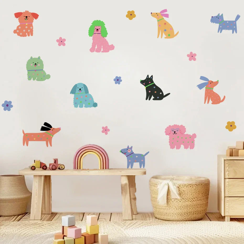 Cute Colorful Puppy Dogs And Flowers Wall Decals For Kids Room
