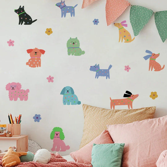 Cute Colorful Puppy Dogs And Flowers Wall Decals For Kids Room