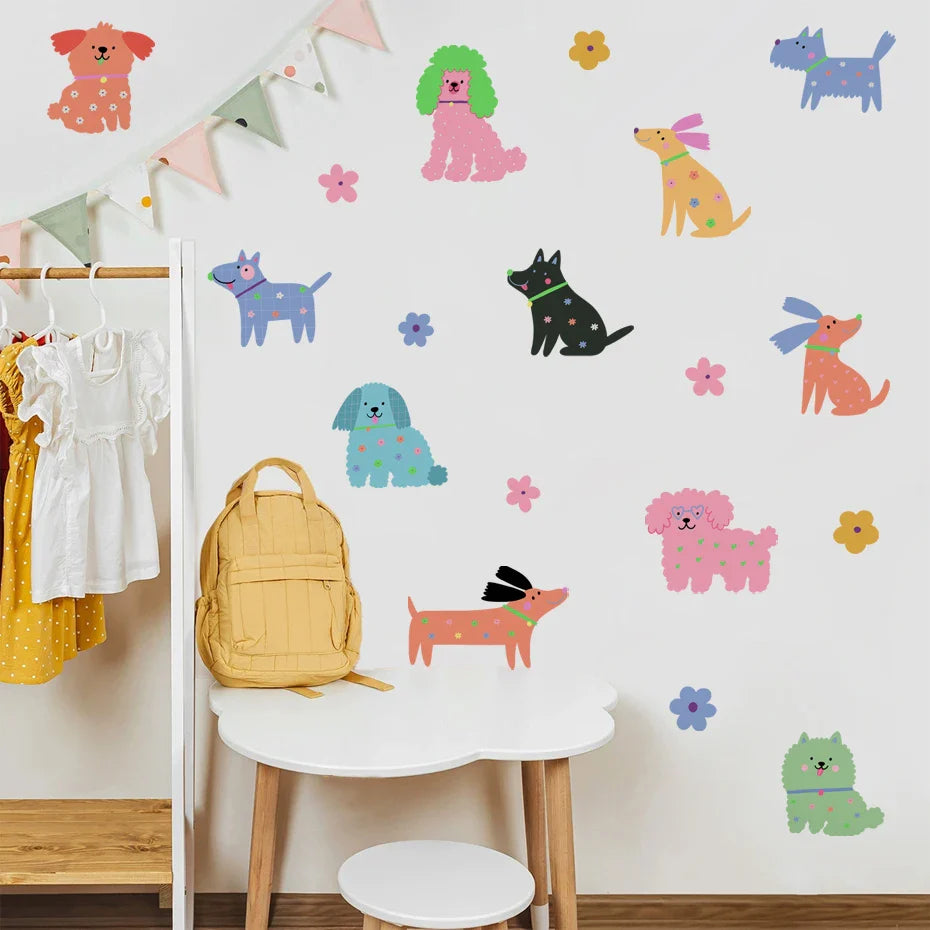 Cute Colorful Puppy Dogs And Flowers Wall Decals For Kids Room