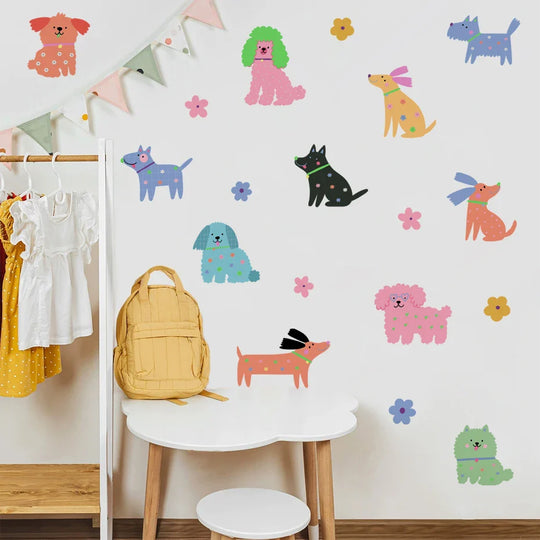 Cute Colorful Puppy Dogs And Flowers Wall Decals For Kids Room