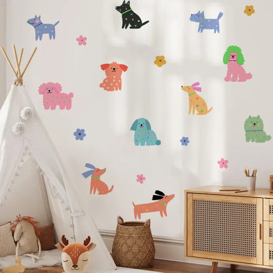 Cute Colorful Puppy Dogs And Flowers Wall Decals For Kids Room