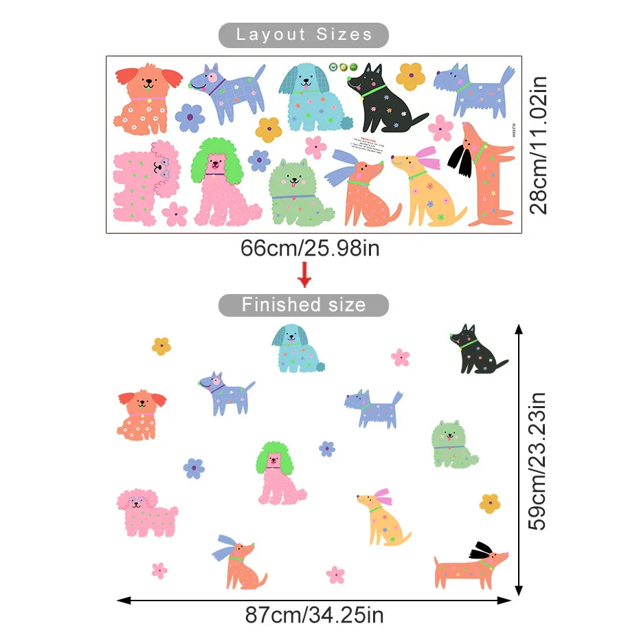 Cute Colorful Puppy Dogs And Flowers Wall Decals For Kids Room