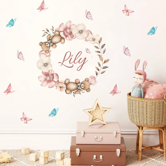 Custom Babys Name Teddy Bear Floral Wall Decal For Nursery