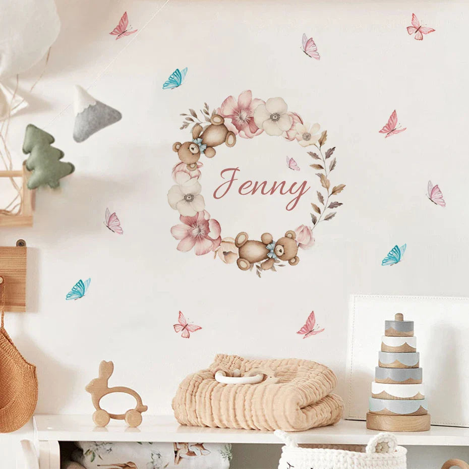 Custom Babys Name Teddy Bear Floral Wall Decal For Nursery