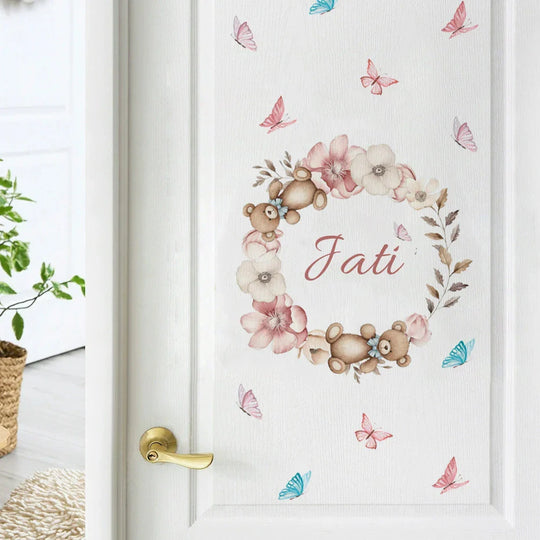 Custom Babys Name Teddy Bear Floral Wall Decal For Nursery