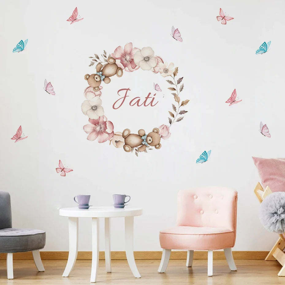 Custom Babys Name Teddy Bear Floral Wall Decal For Nursery