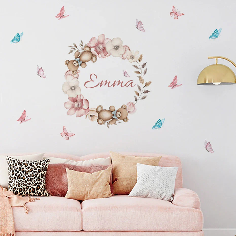 Custom Babys Name Teddy Bear Floral Wall Decal For Nursery