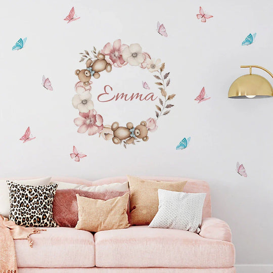 Custom Babys Name Teddy Bear Floral Wall Decal For Nursery