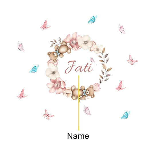 Custom Babys Name Teddy Bear Floral Wall Decal For Nursery