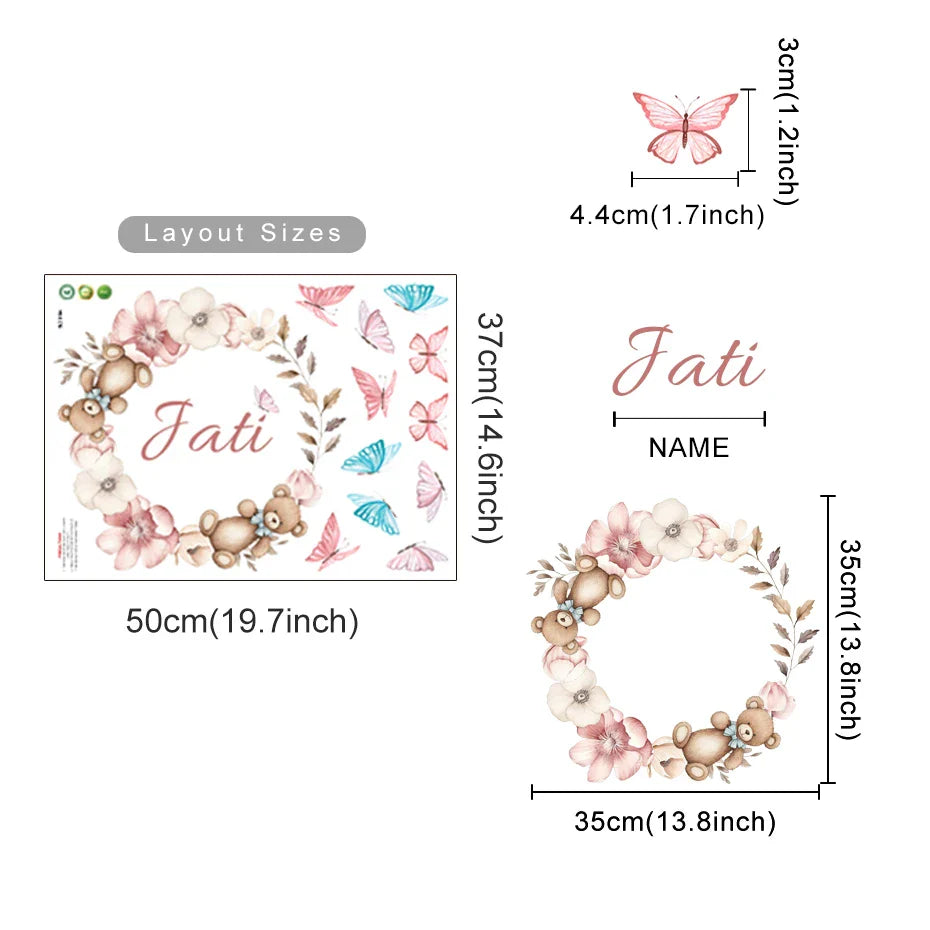 Custom Babys Name Teddy Bear Floral Wall Decal For Nursery