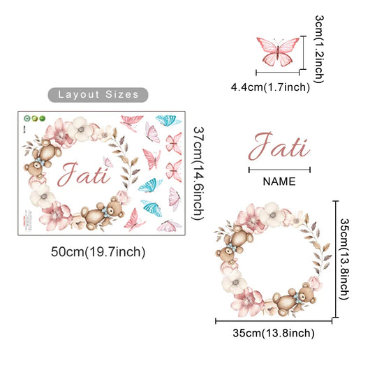 Custom Babys Name Teddy Bear Floral Wall Decal For Nursery