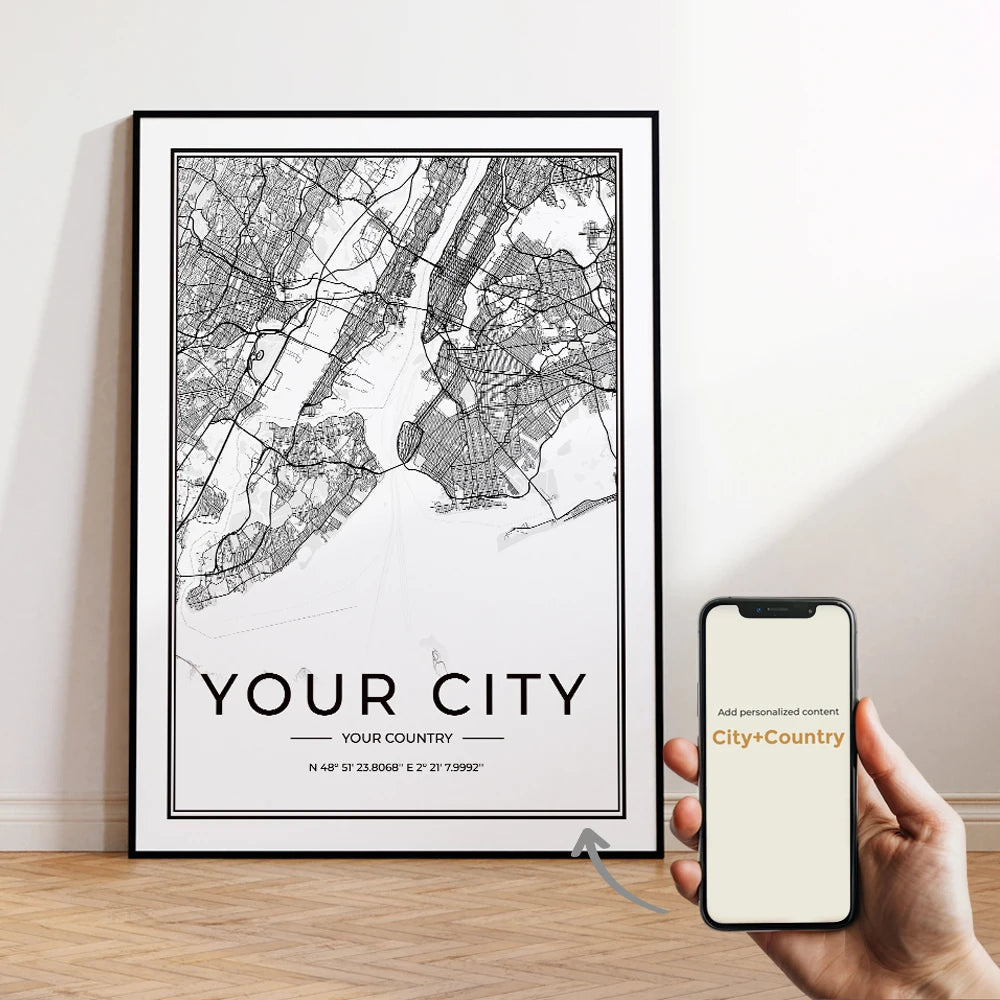 Custom City Map Minimalist Canvas Wall Art Print