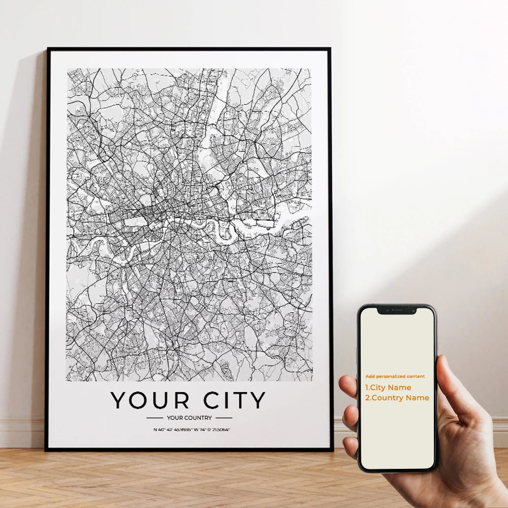 Custom City Map Minimalist Canvas Wall Art Print