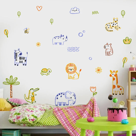 Cute Artistic Animal Line Art Wall Decals For Nursery Decor