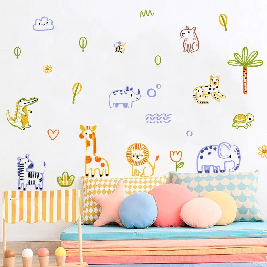 Cute Artistic Animal Line Art Wall Decals For Nursery Decor
