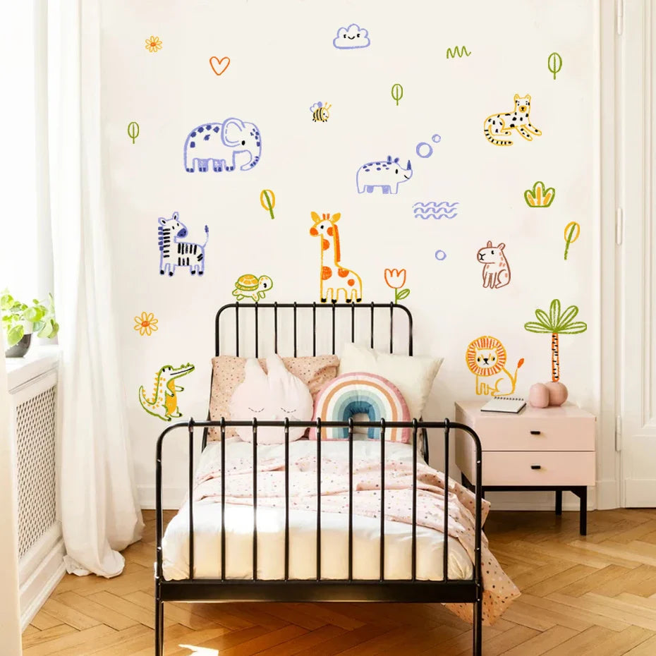 Cute Artistic Animal Line Art Wall Decals For Nursery Decor