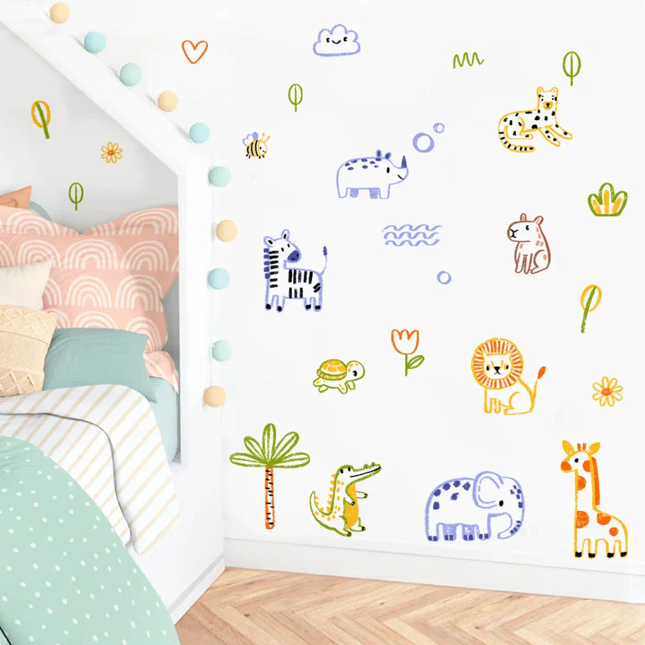 Cute Artistic Animal Line Art Wall Decals For Nursery Decor