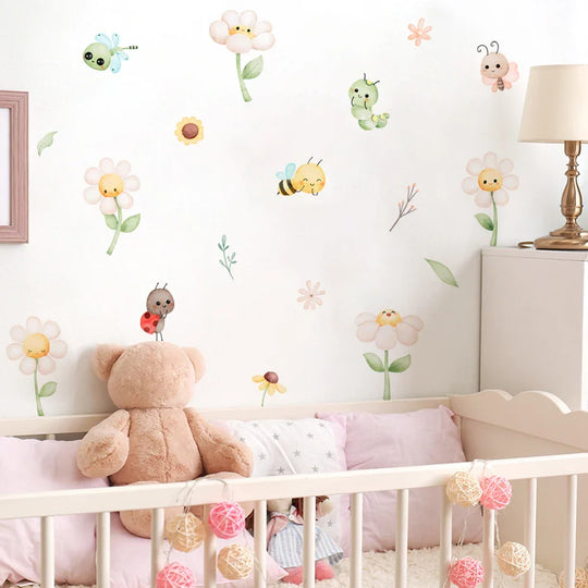 Cute Bee And Daisy Flower Wall Decals For Kids Room