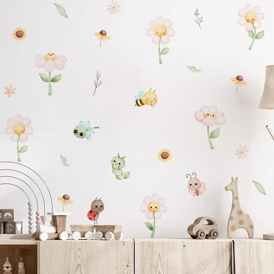 Cute Bee And Daisy Flower Wall Decals For Kids Room