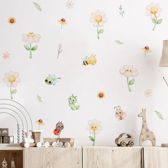 Cute Bee And Daisy Flower Wall Decals For Kids Room