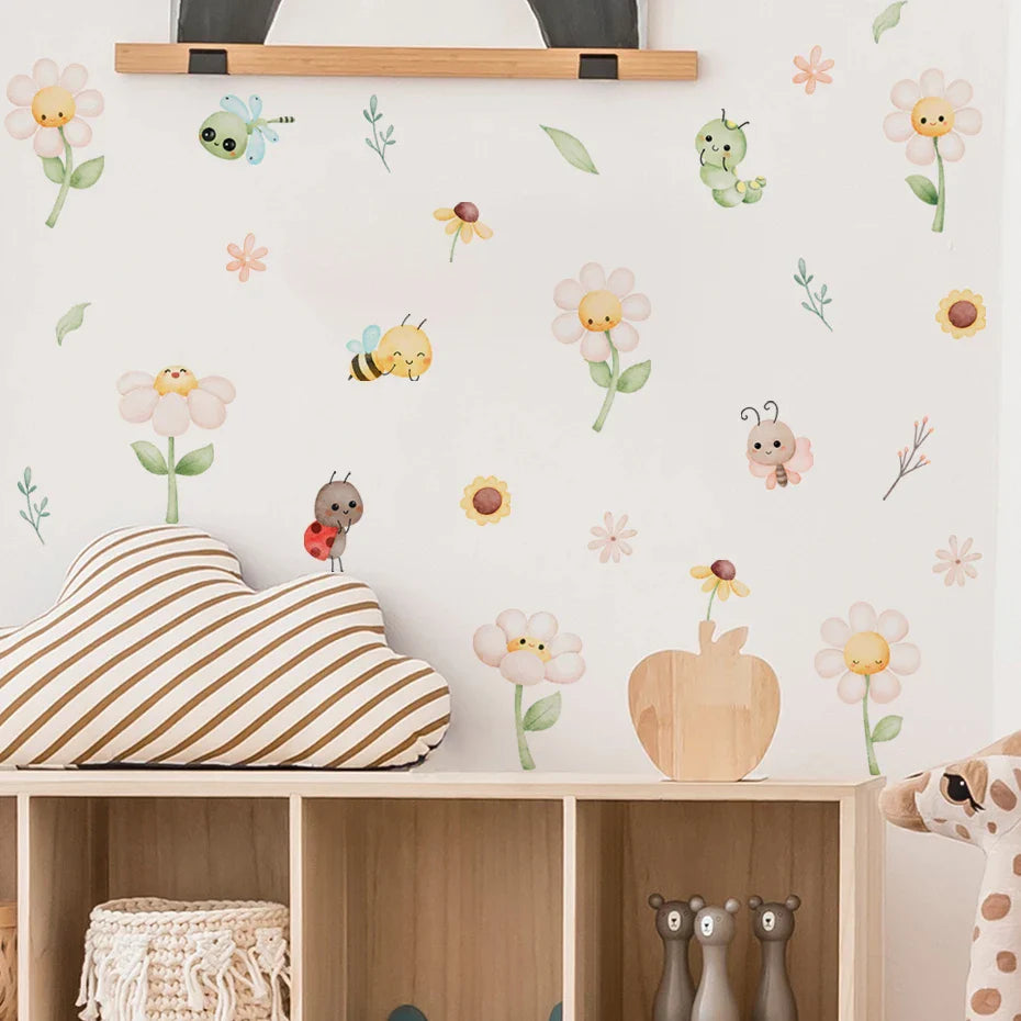 Cute Bee And Daisy Flower Wall Decals For Kids Room