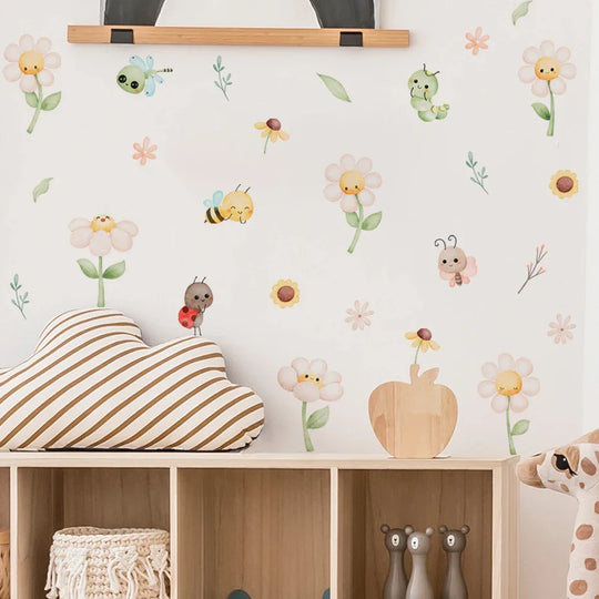 Cute Bee And Daisy Flower Wall Decals For Kids Room