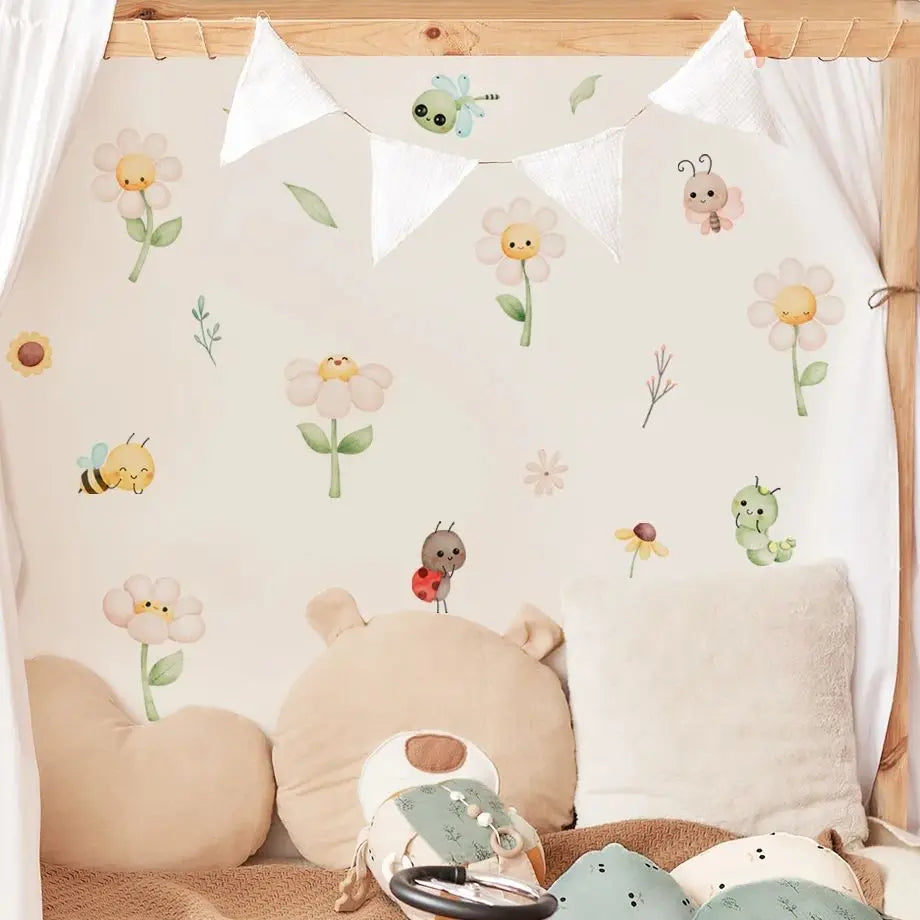 Cute Bee And Daisy Flower Wall Decals For Kids Room