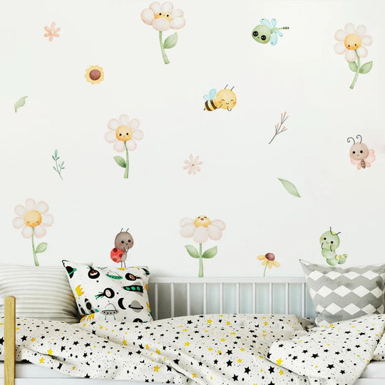 Cute Bee And Daisy Flower Wall Decals For Kids Room