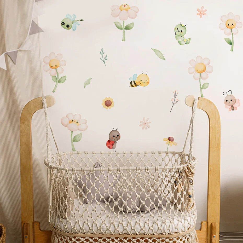 Cute Bee And Daisy Flower Wall Decals For Kids Room