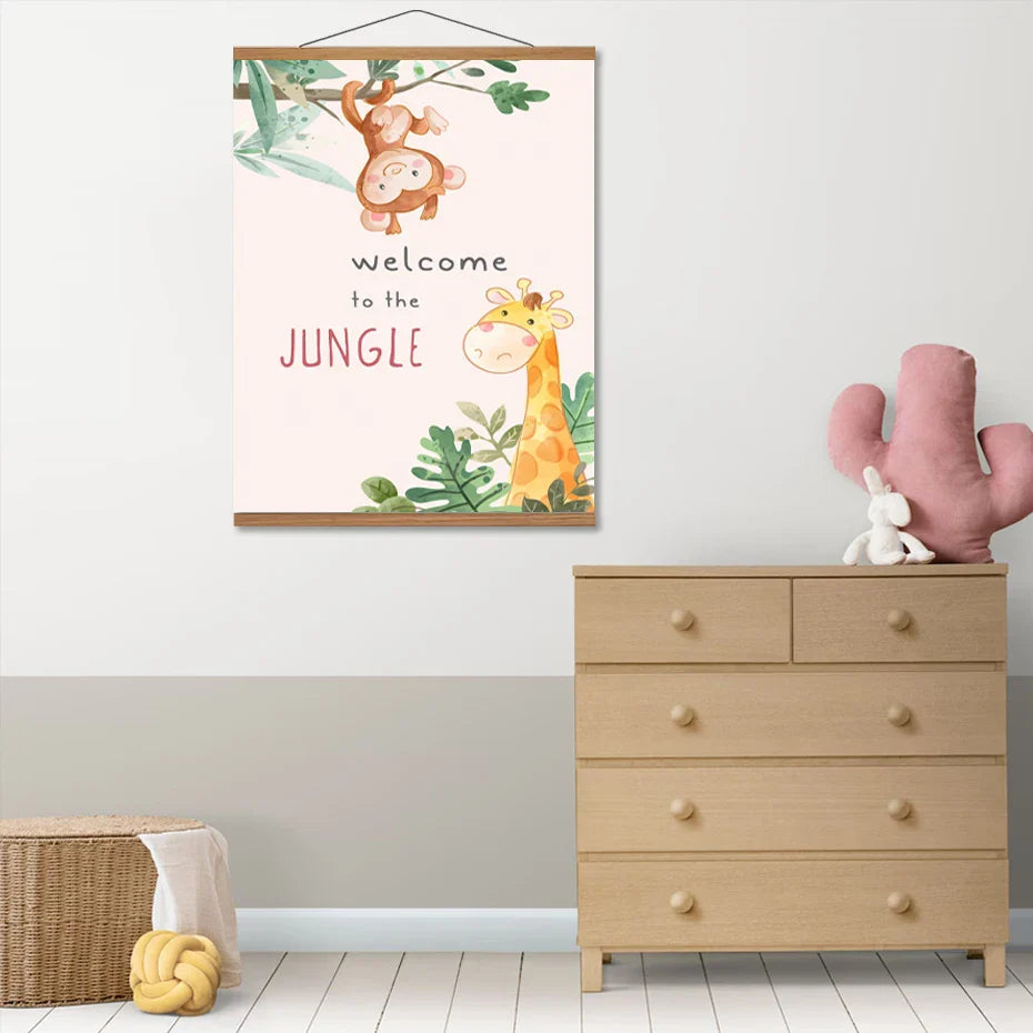 Cute Cartoon Jungle Animal Canvas Wall Art For Kids Room