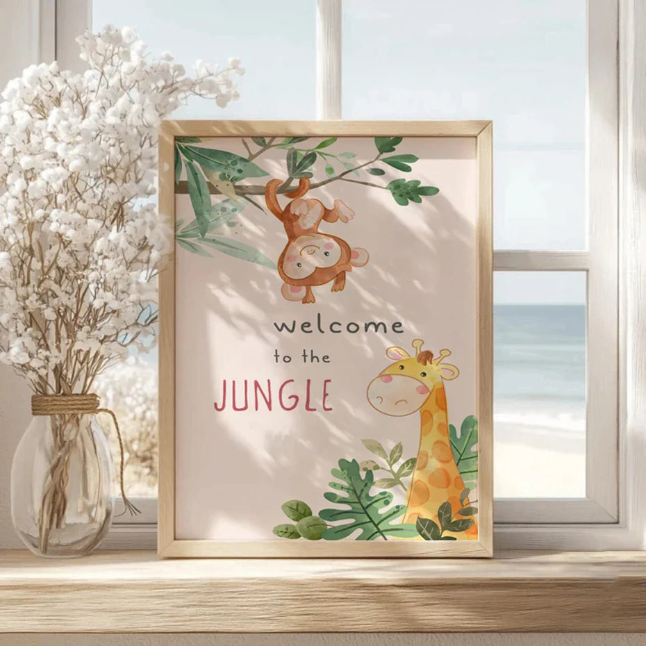 Cute Cartoon Jungle Animal Canvas Wall Art For Kids Room