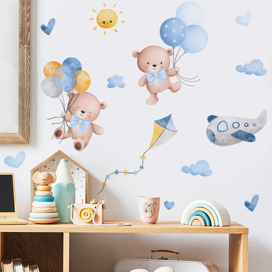 Cute Teddy Cartoon Bear Balloon Clouds Wall Stickers