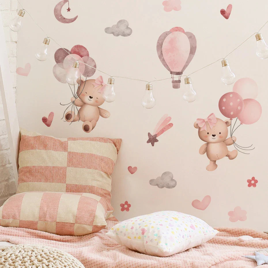 Cute Teddy Cartoon Bear Balloon Clouds Wall Stickers